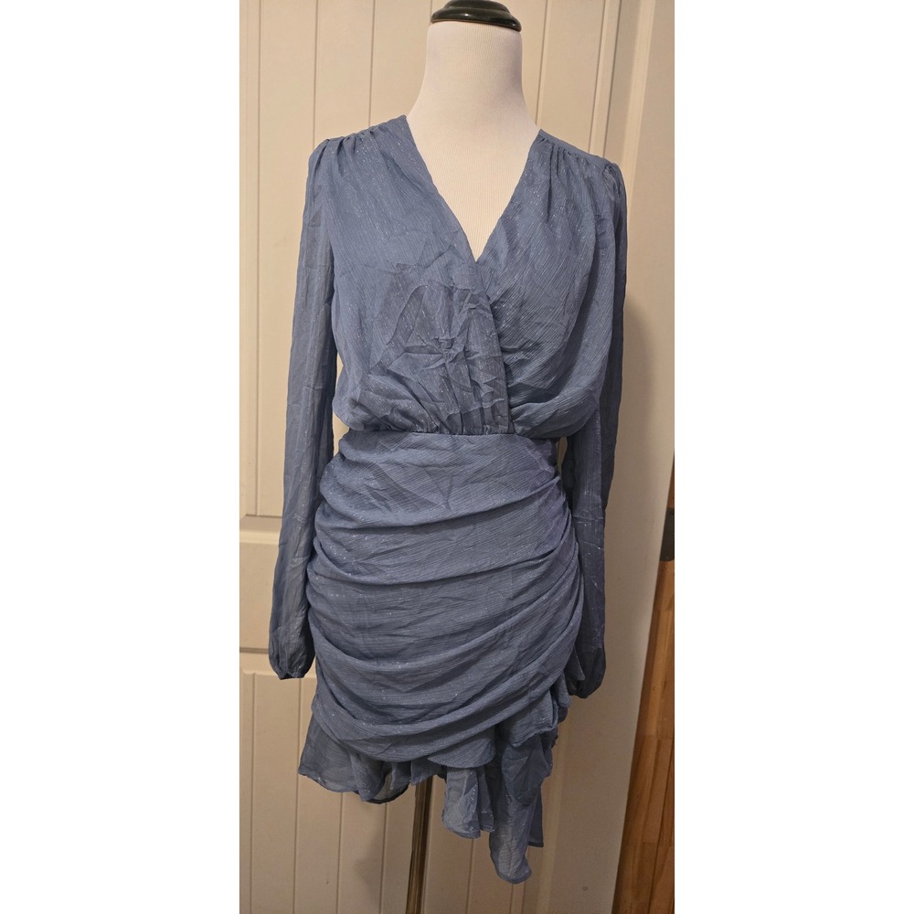 Blue Blush Shimmer Metallic Ruched Wrap Mini Dress Blue Size M